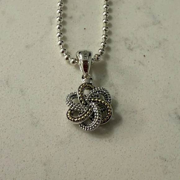 Sterling Silver and 18 yellow gold Lagos Love Knot 15MM Pendant on chain - Picture 4 of 5